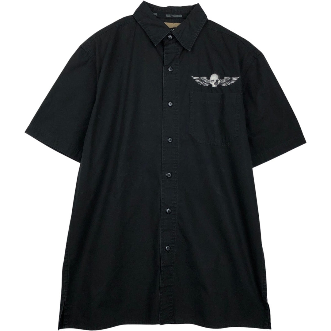 Harley-Davidson Skull Wing Skull Pattern Short-Sleeve Work Shirt Box Shirt Men's Size S (approx.) cotton black type Vintage Second Hand