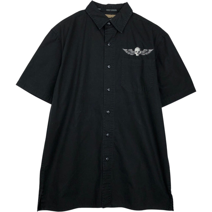 Harley-Davidson Skull Wing Skull Pattern Short-Sleeve Work Shirt Box Shirt Men's Size S (approx.) cotton black type Vintage Second Hand