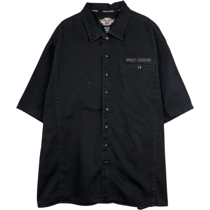 Harley-Davidson Skull Pattern Fire Pattern Hidden Button-Down Short-Sleeve Work Shirt, Boxy Shirt, Men's Size XL (approx.) cotton black type Vintage Second Hand