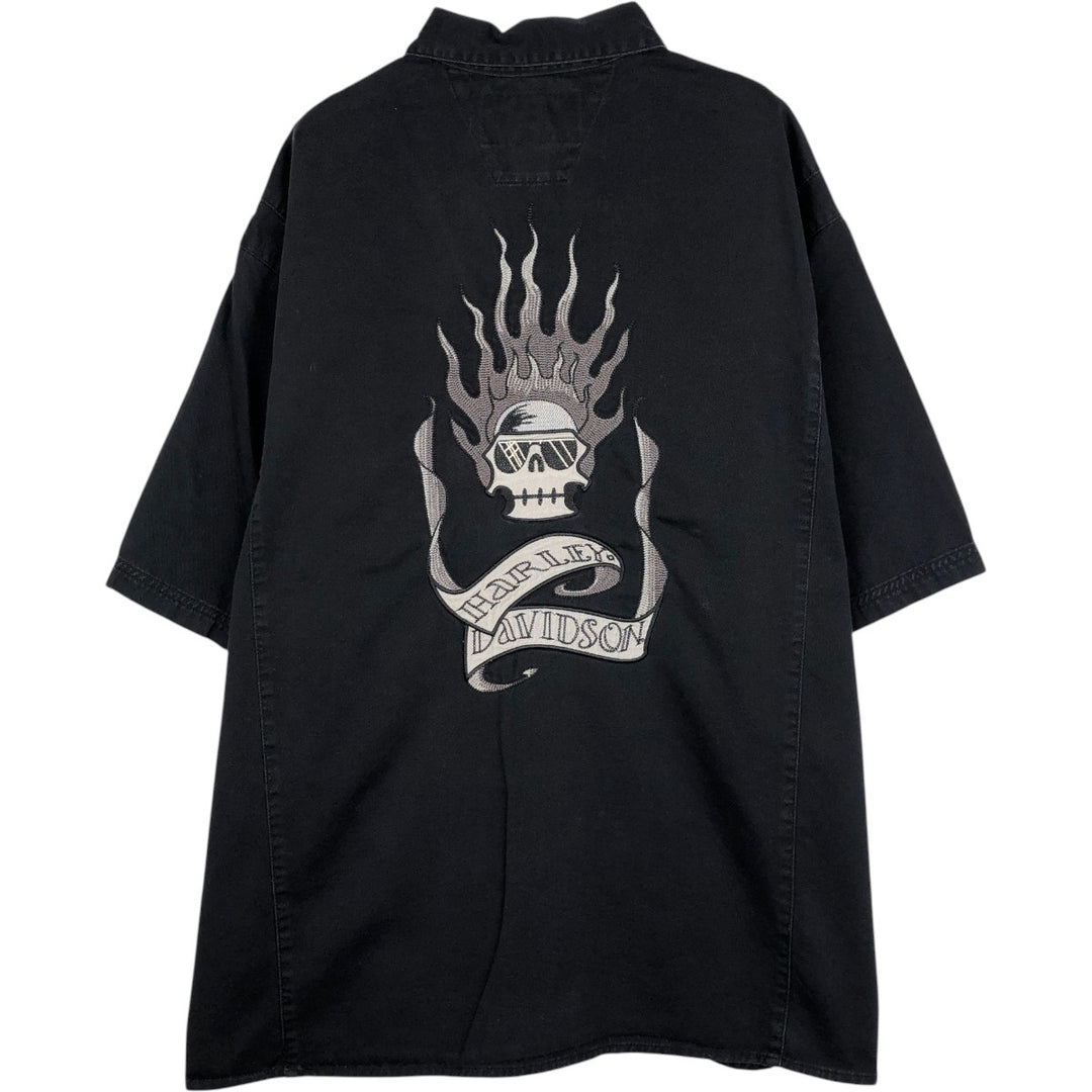 Harley-Davidson Skull Pattern Fire Pattern Hidden Button-Down Short-Sleeve Work Shirt, Boxy Shirt, Men's Size XL (approx.) cotton black type Vintage Second Hand