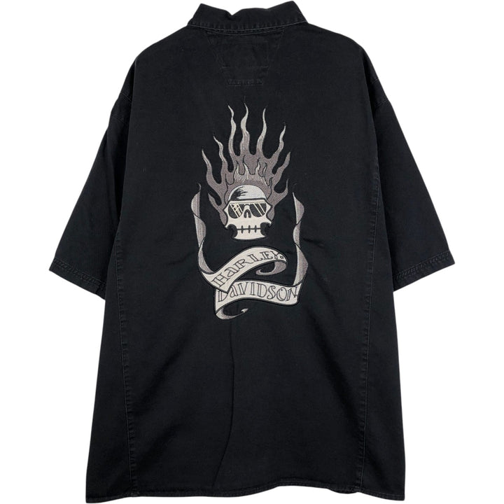 Harley-Davidson Skull Pattern Fire Pattern Hidden Button-Down Short-Sleeve Work Shirt, Boxy Shirt, Men's Size XL (approx.) cotton black type Vintage Second Hand