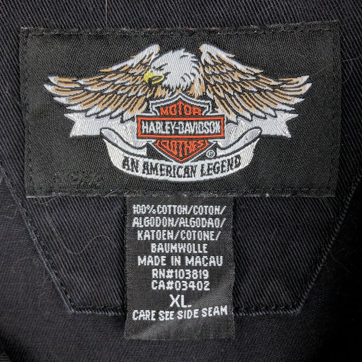 Harley-Davidson Skull Pattern Fire Pattern Hidden Button-Down Short-Sleeve Work Shirt, Boxy Shirt, Men's Size XL (approx.) cotton black type Vintage Second Hand