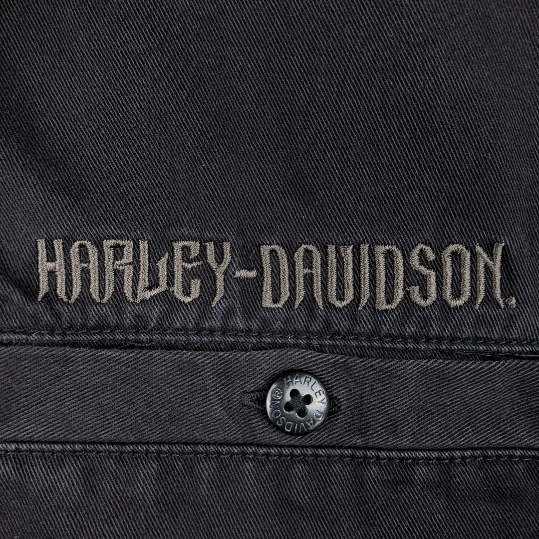 Harley-Davidson Skull Pattern Fire Pattern Hidden Button-Down Short-Sleeve Work Shirt, Boxy Shirt, Men's Size XL (approx.) cotton black type Vintage Second Hand