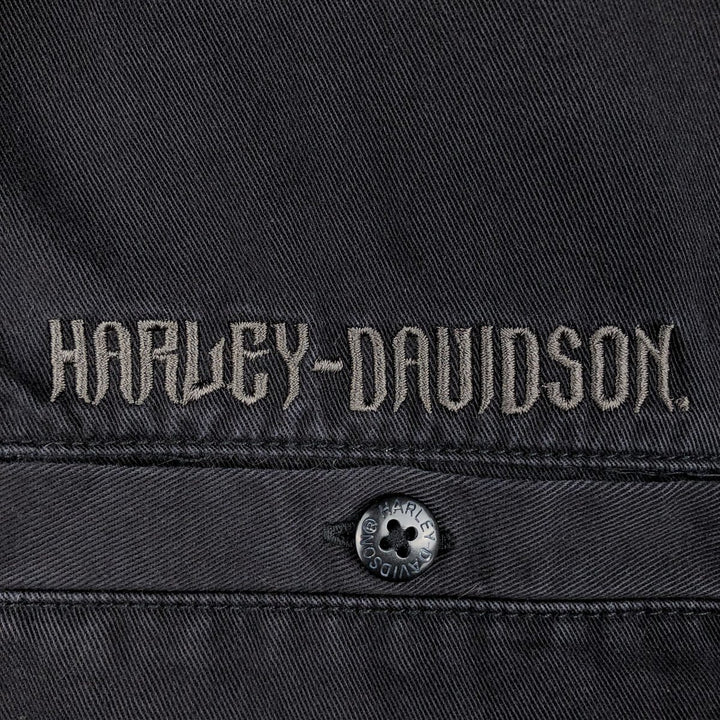 Harley-Davidson Skull Pattern Fire Pattern Hidden Button-Down Short-Sleeve Work Shirt, Boxy Shirt, Men's Size XL (approx.) cotton black type Vintage Second Hand
