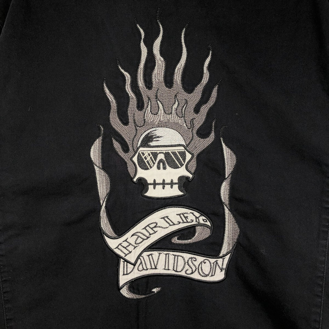 Harley-Davidson Skull Pattern Fire Pattern Hidden Button-Down Short-Sleeve Work Shirt, Boxy Shirt, Men's Size XL (approx.) cotton black type Vintage Second Hand
