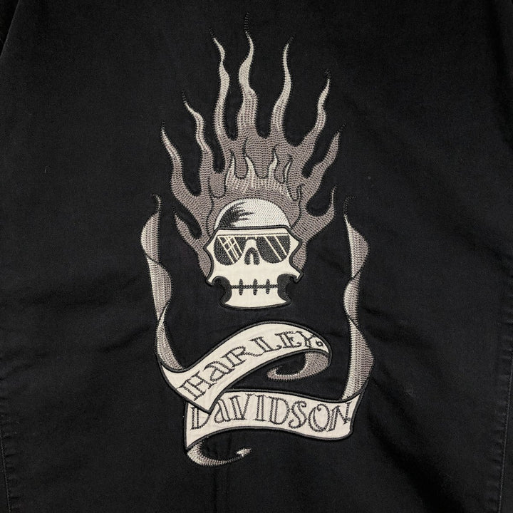 Harley-Davidson Skull Pattern Fire Pattern Hidden Button-Down Short-Sleeve Work Shirt, Boxy Shirt, Men's Size XL (approx.) cotton black type Vintage Second Hand