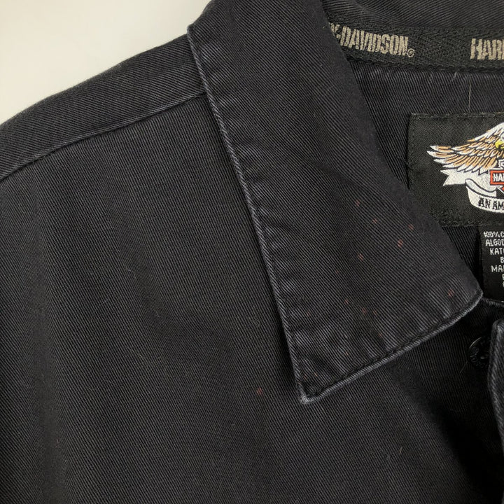 Harley-Davidson Skull Pattern Fire Pattern Hidden Button-Down Short-Sleeve Work Shirt, Boxy Shirt, Men's Size XL (approx.) cotton black type Vintage Second Hand