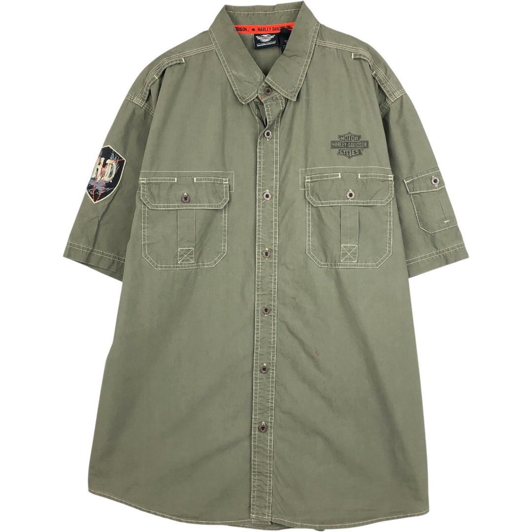 Harley-Davidson Eagle Pattern Hidden Button-Down Short-Sleeve Work Shirt, Men's Size XL (approx.) cotton Khaki type Vintage Second Hand