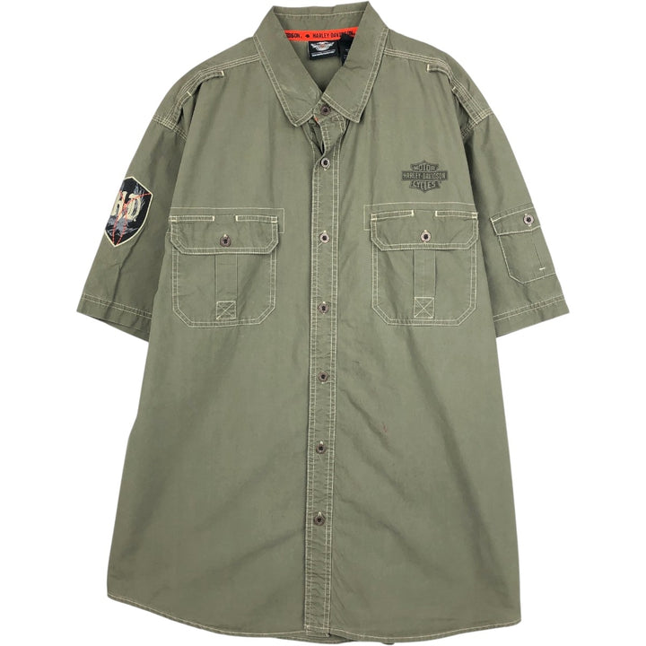 Harley-Davidson Eagle Pattern Hidden Button-Down Short-Sleeve Work Shirt, Men's Size XL (approx.) cotton Khaki type Vintage Second Hand