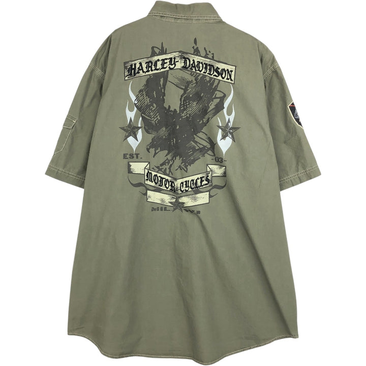 Harley-Davidson Eagle Pattern Hidden Button-Down Short-Sleeve Work Shirt, Men's Size XL (approx.) cotton Khaki type Vintage Second Hand