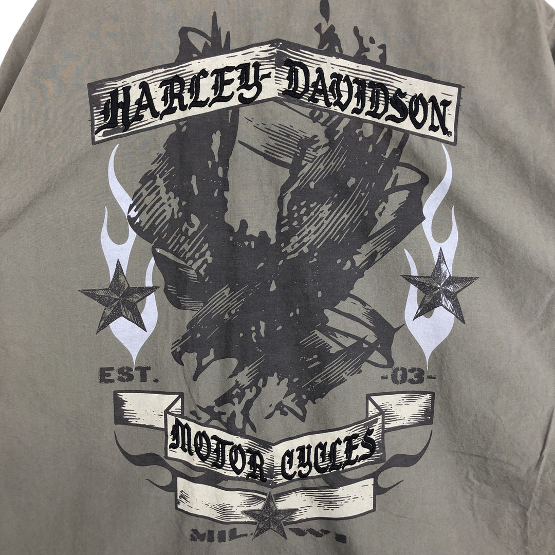 Harley-Davidson Eagle Pattern Hidden Button-Down Short-Sleeve Work Shirt, Men's Size XL (approx.) cotton Khaki type Vintage Second Hand