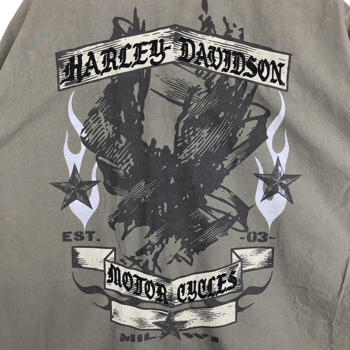 Harley-Davidson Eagle Pattern Hidden Button-Down Short-Sleeve Work Shirt, Men's Size XL (approx.) cotton Khaki type Vintage Second Hand