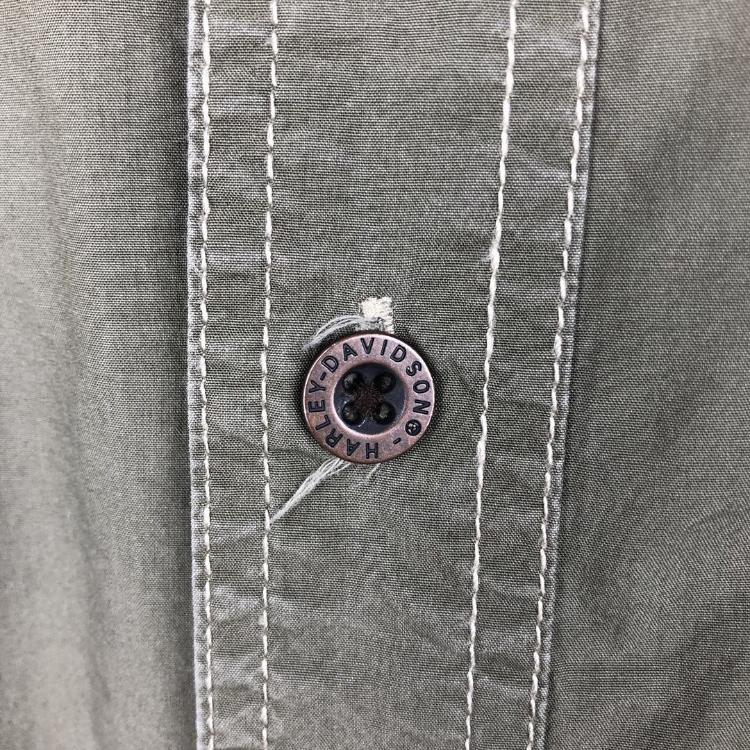 Harley-Davidson Eagle Pattern Hidden Button-Down Short-Sleeve Work Shirt, Men's Size XL (approx.) cotton Khaki type Vintage Second Hand