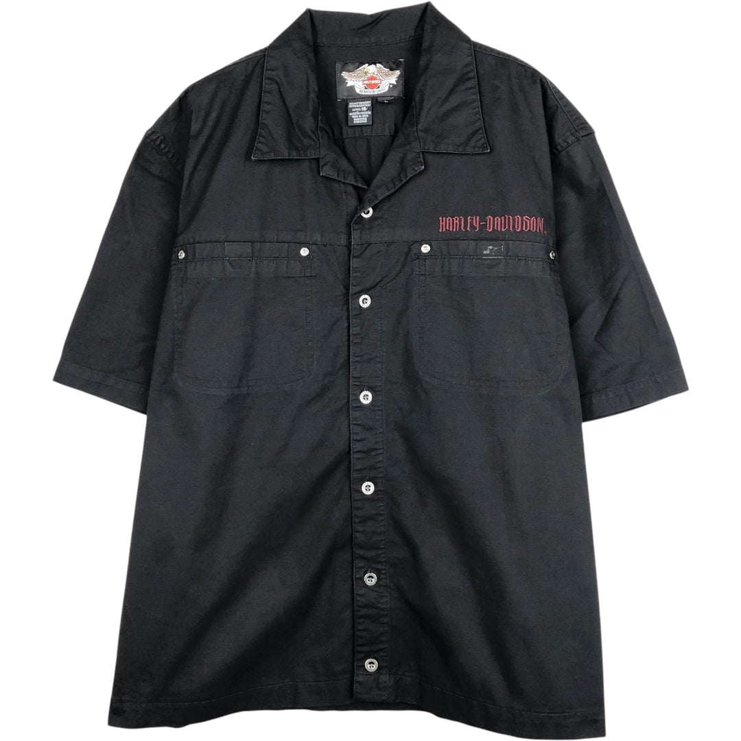 Harley-Davidson Skull Pattern Open Collar Short Sleeve Work Shirt, Boxy, Men's Size L cotton black type Vintage Second Hand