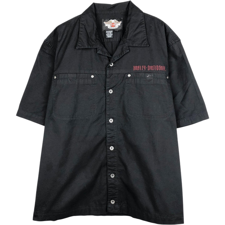 Harley-Davidson Skull Pattern Open Collar Short Sleeve Work Shirt, Boxy, Men's Size L cotton black type Vintage Second Hand