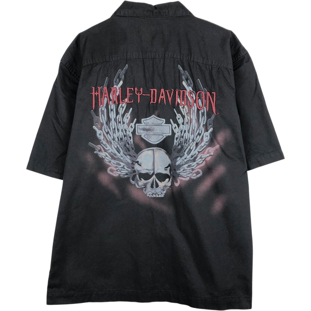 Harley-Davidson Skull Pattern Open Collar Short Sleeve Work Shirt, Boxy, Men's Size L cotton black type Vintage Second Hand