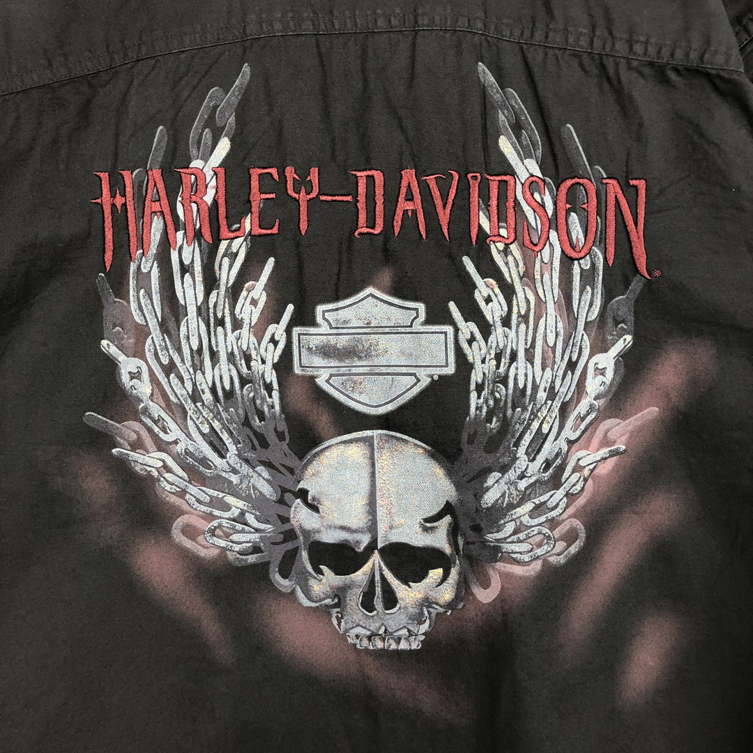 Harley-Davidson Skull Pattern Open Collar Short Sleeve Work Shirt, Boxy, Men's Size L cotton black type Vintage Second Hand