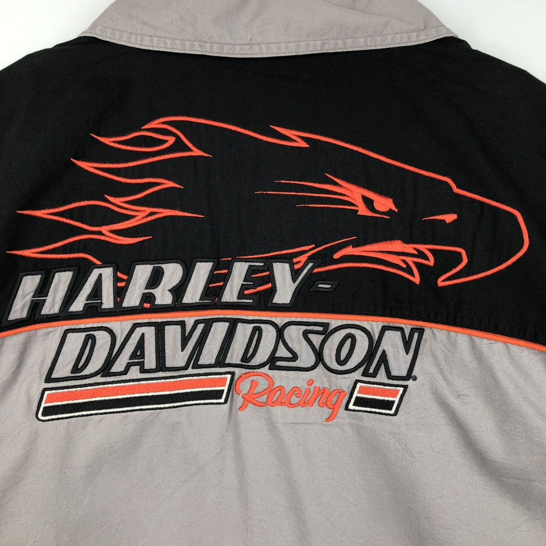 Harley-Davidson HD RACING Eagle Pattern Stars and Stripes Open Collar Short Sleeve Work Shirt Box Shirt Men's XL Equivalent cotton gray type Vintage Second Hand