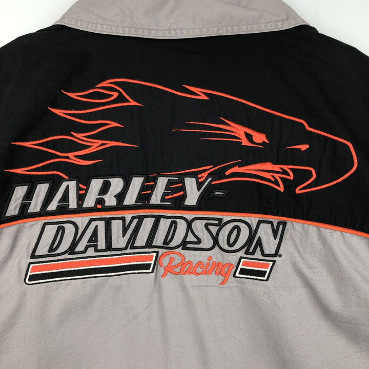 Harley-Davidson HD RACING Eagle Pattern Stars and Stripes Open Collar Short Sleeve Work Shirt Box Shirt Men's XL Equivalent cotton gray type Vintage Second Hand