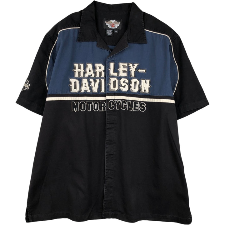 Harley-Davidson Open Collar Short Sleeve Work Shirt, Boxy Shirt, Men's Size XXL (approx.) cotton black type Vintage Second Hand