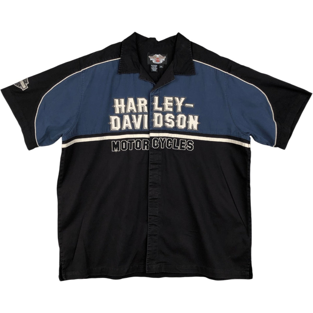 Harley-Davidson Open Collar Short Sleeve Work Shirt, Boxy Shirt, Men's Size XXL (approx.) cotton black type Vintage Second Hand