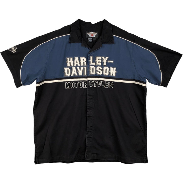 Harley-Davidson Open Collar Short Sleeve Work Shirt, Boxy Shirt, Men's Size XXL (approx.) cotton black type Vintage Second Hand
