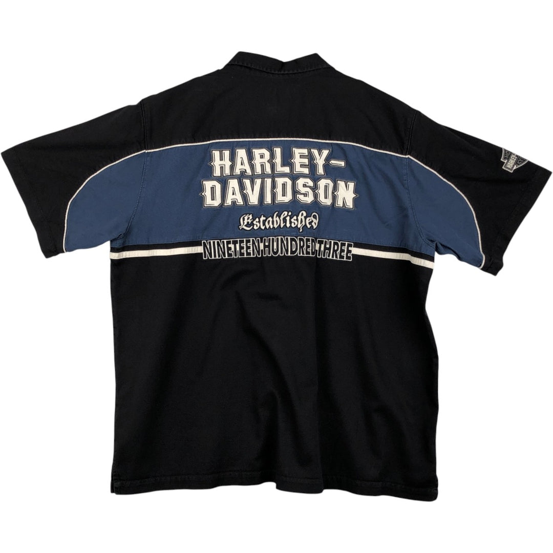 Harley-Davidson Open Collar Short Sleeve Work Shirt, Boxy Shirt, Men's Size XXL (approx.) cotton black type Vintage Second Hand