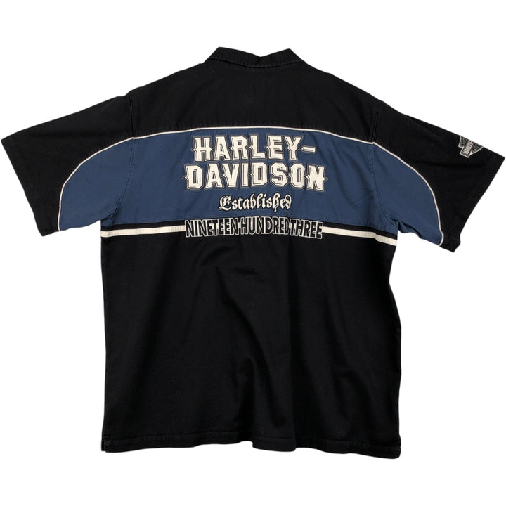 Harley-Davidson Open Collar Short Sleeve Work Shirt, Boxy Shirt, Men's Size XXL (approx.) cotton black type Vintage Second Hand