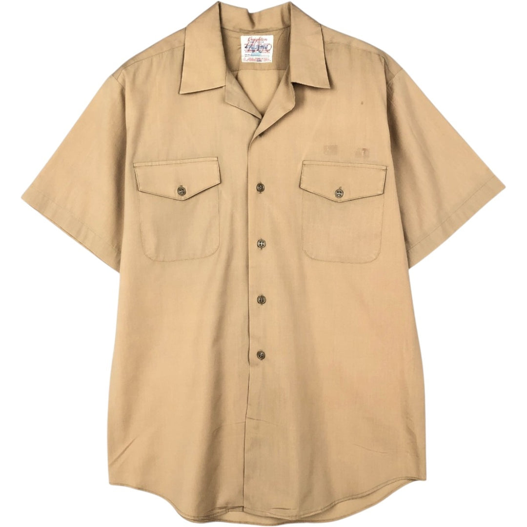 Creighton Open Collar Short Sleeve Work Shirt, Made in USA, Men's Size M (Equivalent), Vintage polyester Beige type Vintage Second Hand