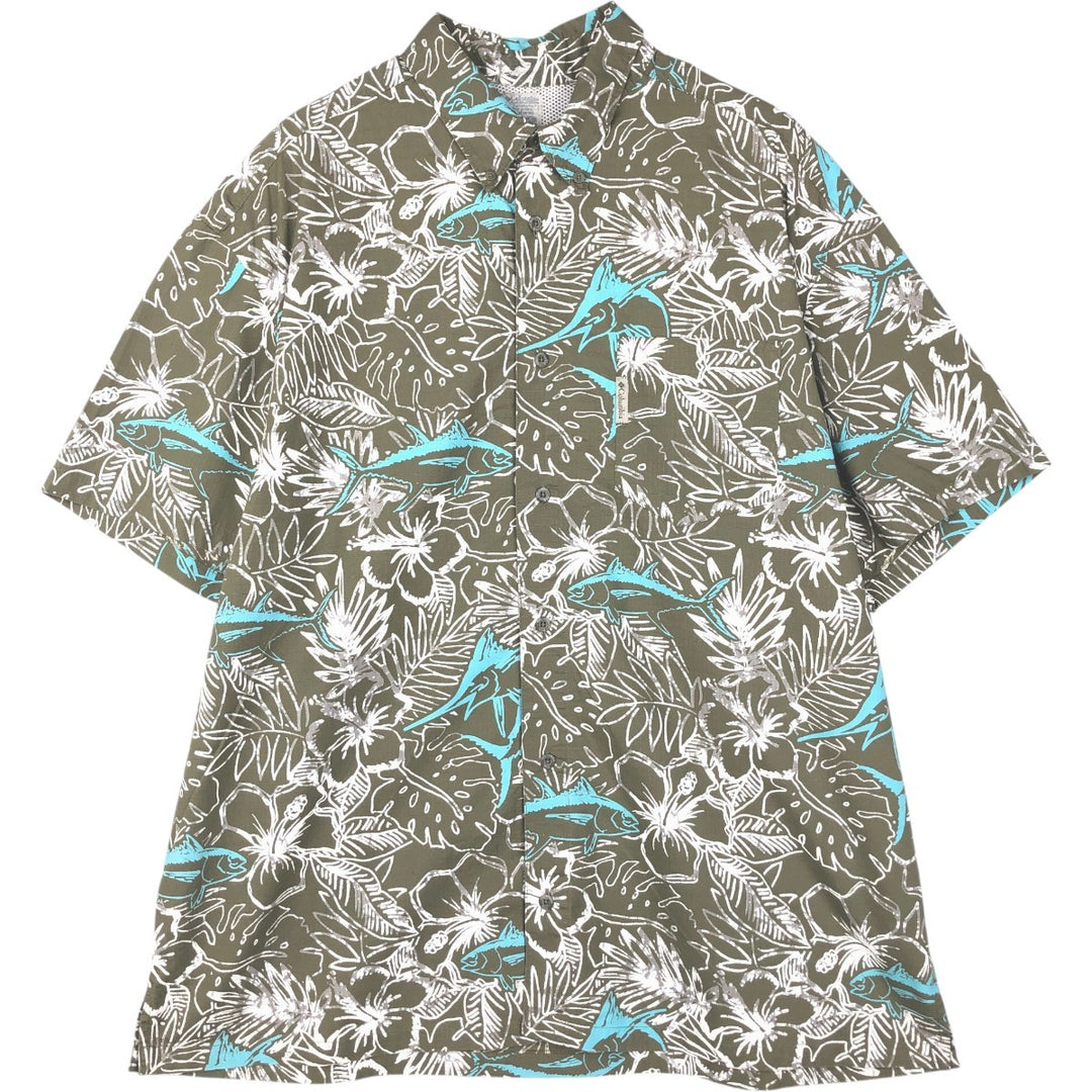 Columbia PFG Hibiscus Pattern Fish Print Ripstop Button-Down Short-Sleeve Fishing Shirt, Boxy Shirt, Men's Size L (approx.) cotton Khaki type Vintage Second Hand
