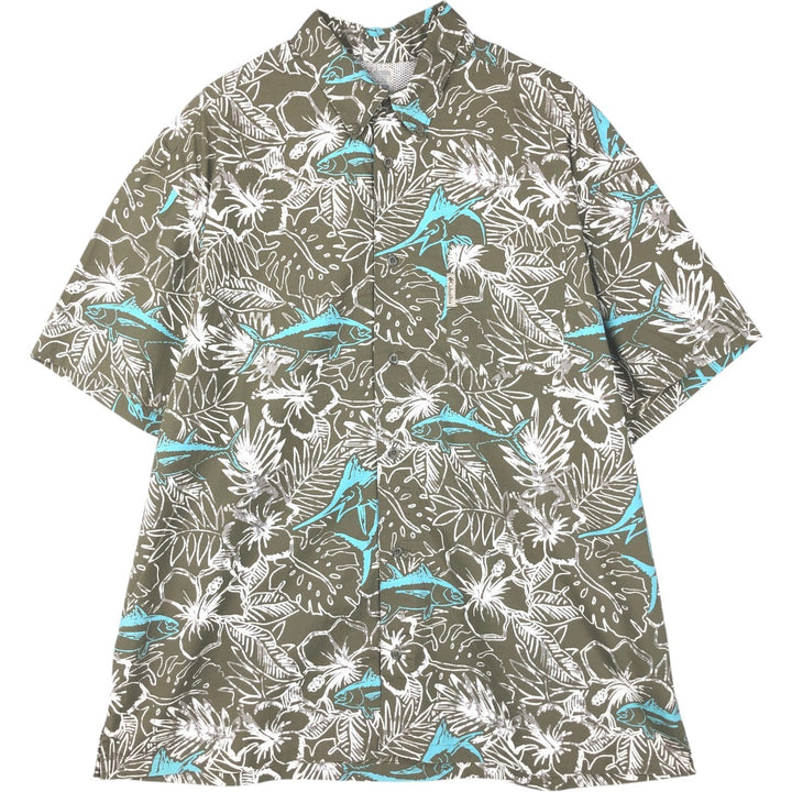 Columbia PFG Hibiscus Pattern Fish Print Ripstop Button-Down Short-Sleeve Fishing Shirt, Boxy Shirt, Men's Size L (approx.) cotton Khaki type Vintage Second Hand