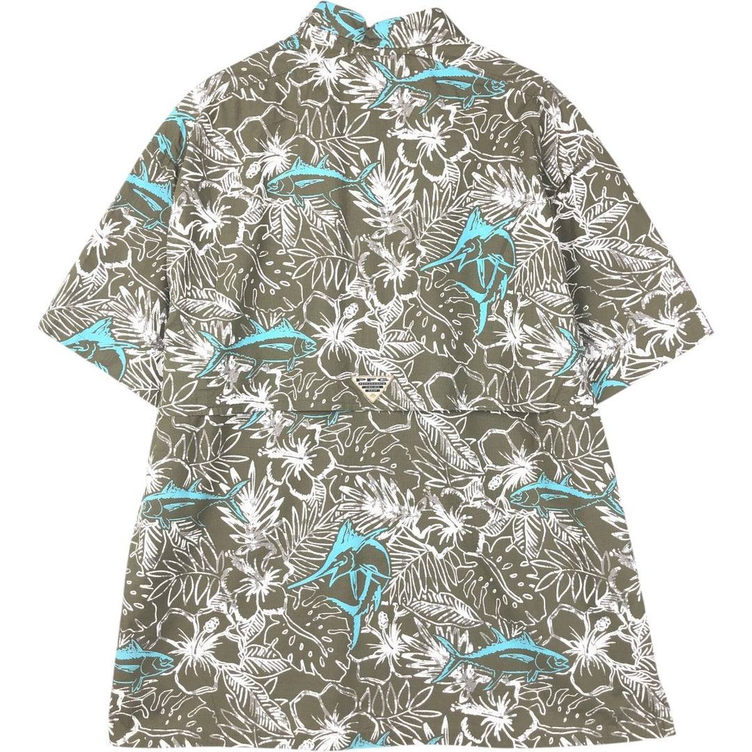 Columbia PFG Hibiscus Pattern Fish Print Ripstop Button-Down Short-Sleeve Fishing Shirt, Boxy Shirt, Men's Size L (approx.) cotton Khaki type Vintage Second Hand