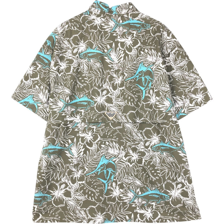 Columbia PFG Hibiscus Pattern Fish Print Ripstop Button-Down Short-Sleeve Fishing Shirt, Boxy Shirt, Men's Size L (approx.) cotton Khaki type Vintage Second Hand