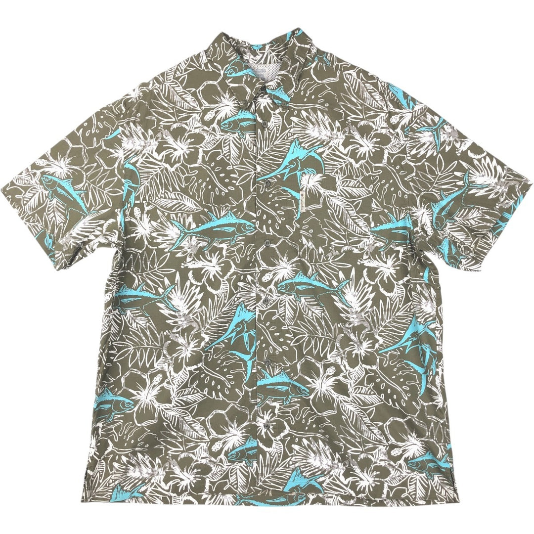 Columbia PFG Hibiscus Pattern Fish Print Ripstop Button-Down Short-Sleeve Fishing Shirt, Boxy Shirt, Men's Size L (approx.) cotton Khaki type Vintage Second Hand