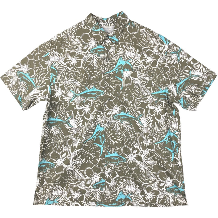 Columbia PFG Hibiscus Pattern Fish Print Ripstop Button-Down Short-Sleeve Fishing Shirt, Boxy Shirt, Men's Size L (approx.) cotton Khaki type Vintage Second Hand
