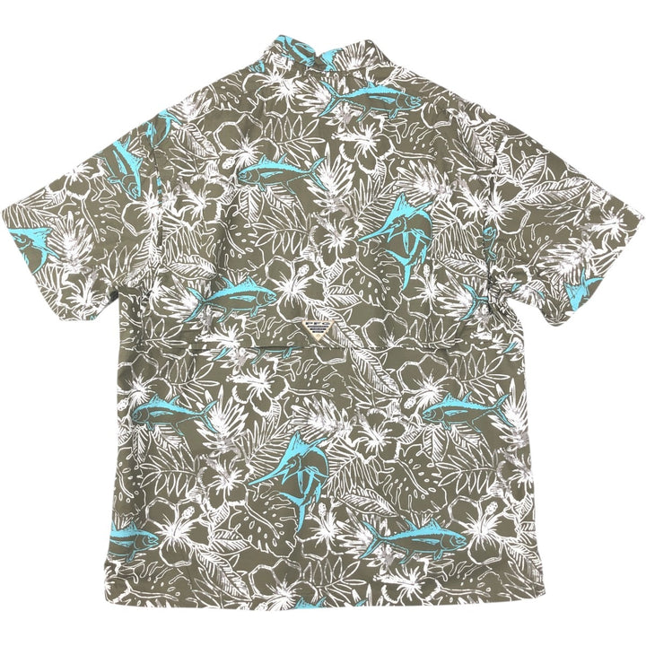 Columbia PFG Hibiscus Pattern Fish Print Ripstop Button-Down Short-Sleeve Fishing Shirt, Boxy Shirt, Men's Size L (approx.) cotton Khaki type Vintage Second Hand