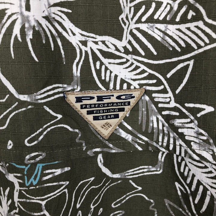 Columbia PFG Hibiscus Pattern Fish Print Ripstop Button-Down Short-Sleeve Fishing Shirt, Boxy Shirt, Men's Size L (approx.) cotton Khaki type Vintage Second Hand