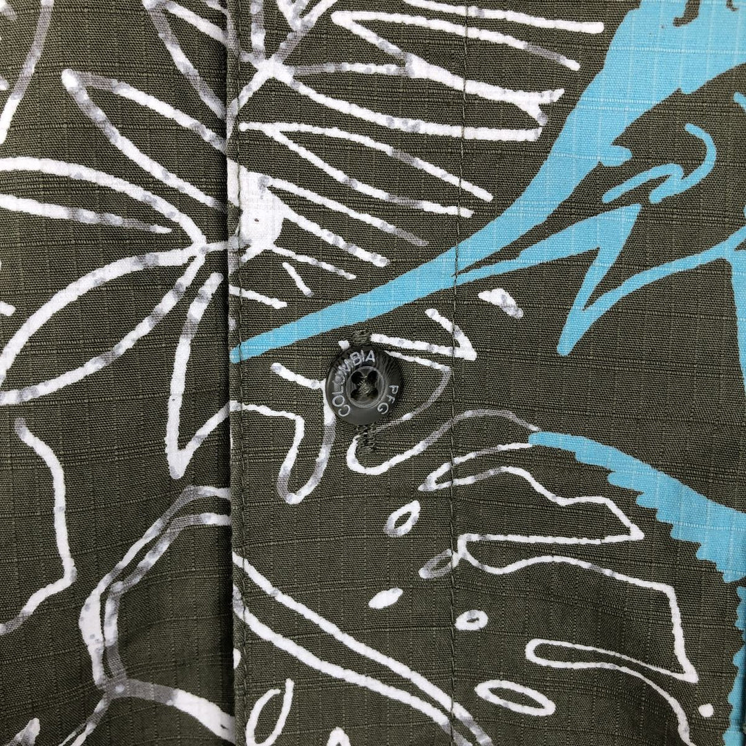 Columbia PFG Hibiscus Pattern Fish Print Ripstop Button-Down Short-Sleeve Fishing Shirt, Boxy Shirt, Men's Size L (approx.) cotton Khaki type Vintage Second Hand