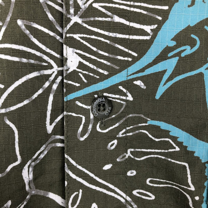 Columbia PFG Hibiscus Pattern Fish Print Ripstop Button-Down Short-Sleeve Fishing Shirt, Boxy Shirt, Men's Size L (approx.) cotton Khaki type Vintage Second Hand