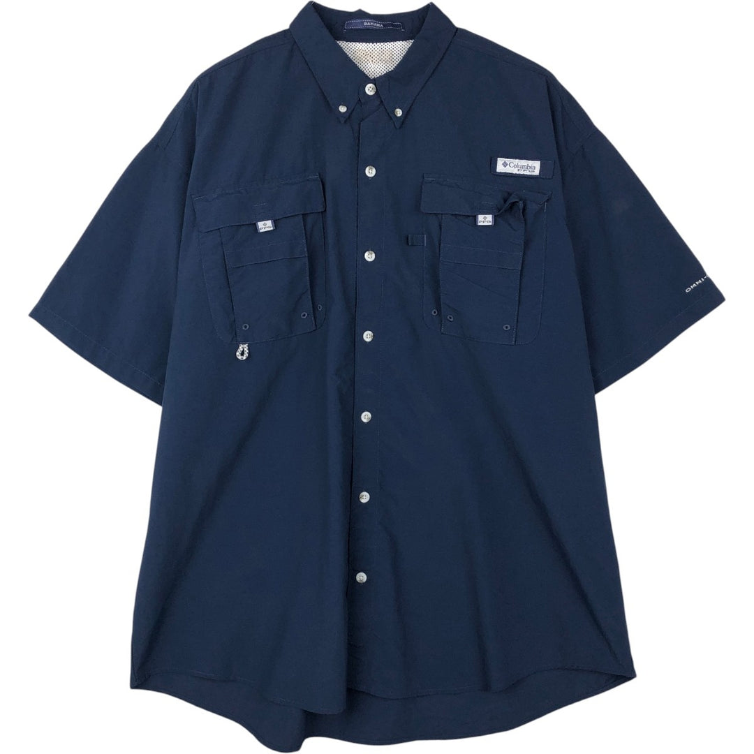 Columbia PFG OMNI-SHADE BAHAMA Button-Down Short-Sleeve Fishing Shirt (Men's XL equivalent) Nylon navy blue type Vintage Second Hand
