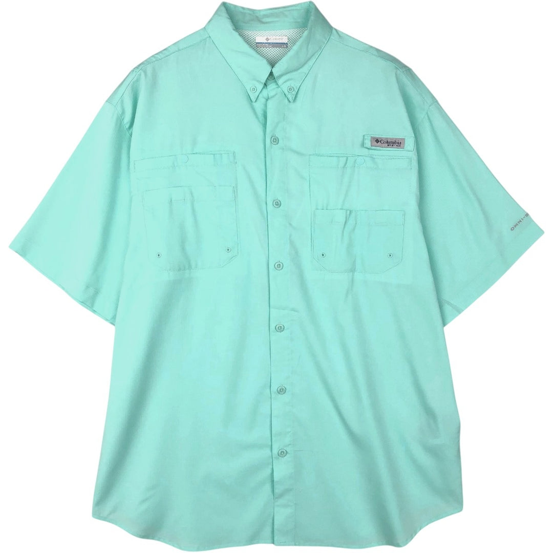Columbia PFG OMNI-SHADE Ripstop Button-Down Short-Sleeve Fishing Shirt (Men's Size L) polyester Mint green Vintage Second Hand