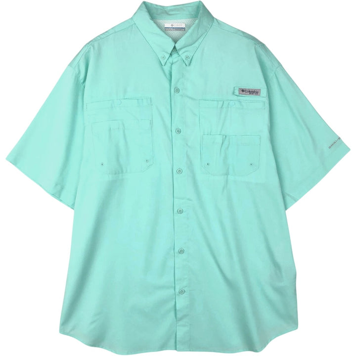 Columbia PFG OMNI-SHADE Ripstop Button-Down Short-Sleeve Fishing Shirt (Men's Size L) polyester Mint green Vintage Second Hand