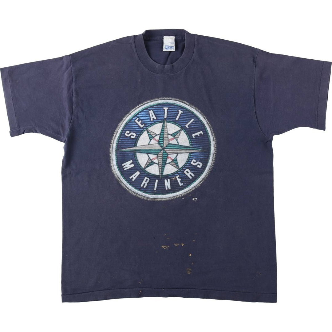 90'S SALEM MLB SEATTLE MARINERS Sports Print T-Shirt, Made in USA, Men's Size L (Equivalent), Vintage cotton navy blue type Vintage Second Hand
