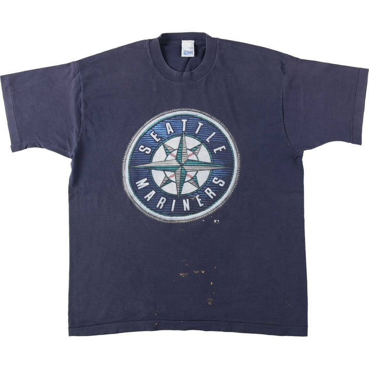 90'S SALEM MLB SEATTLE MARINERS Sports Print T-Shirt, Made in USA, Men's Size L (Equivalent), Vintage cotton navy blue type Vintage Second Hand