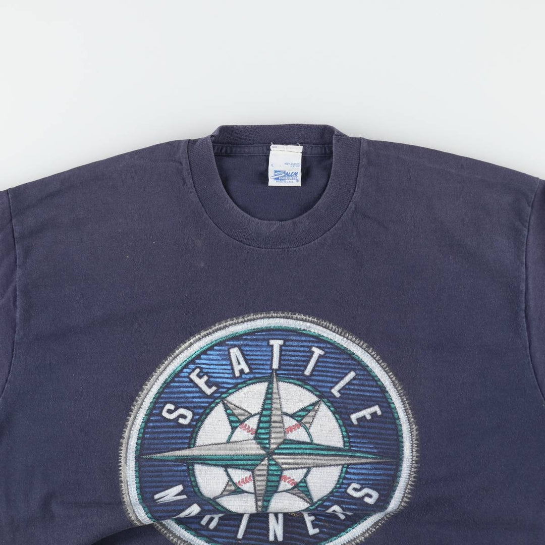 90'S SALEM MLB SEATTLE MARINERS Sports Print T-Shirt, Made in USA, Men's Size L (Equivalent), Vintage cotton navy blue type Vintage Second Hand