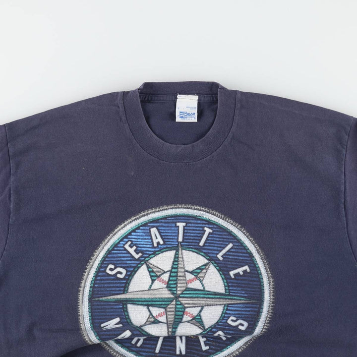 90'S SALEM MLB SEATTLE MARINERS Sports Print T-Shirt, Made in USA, Men's Size L (Equivalent), Vintage cotton navy blue type Vintage Second Hand