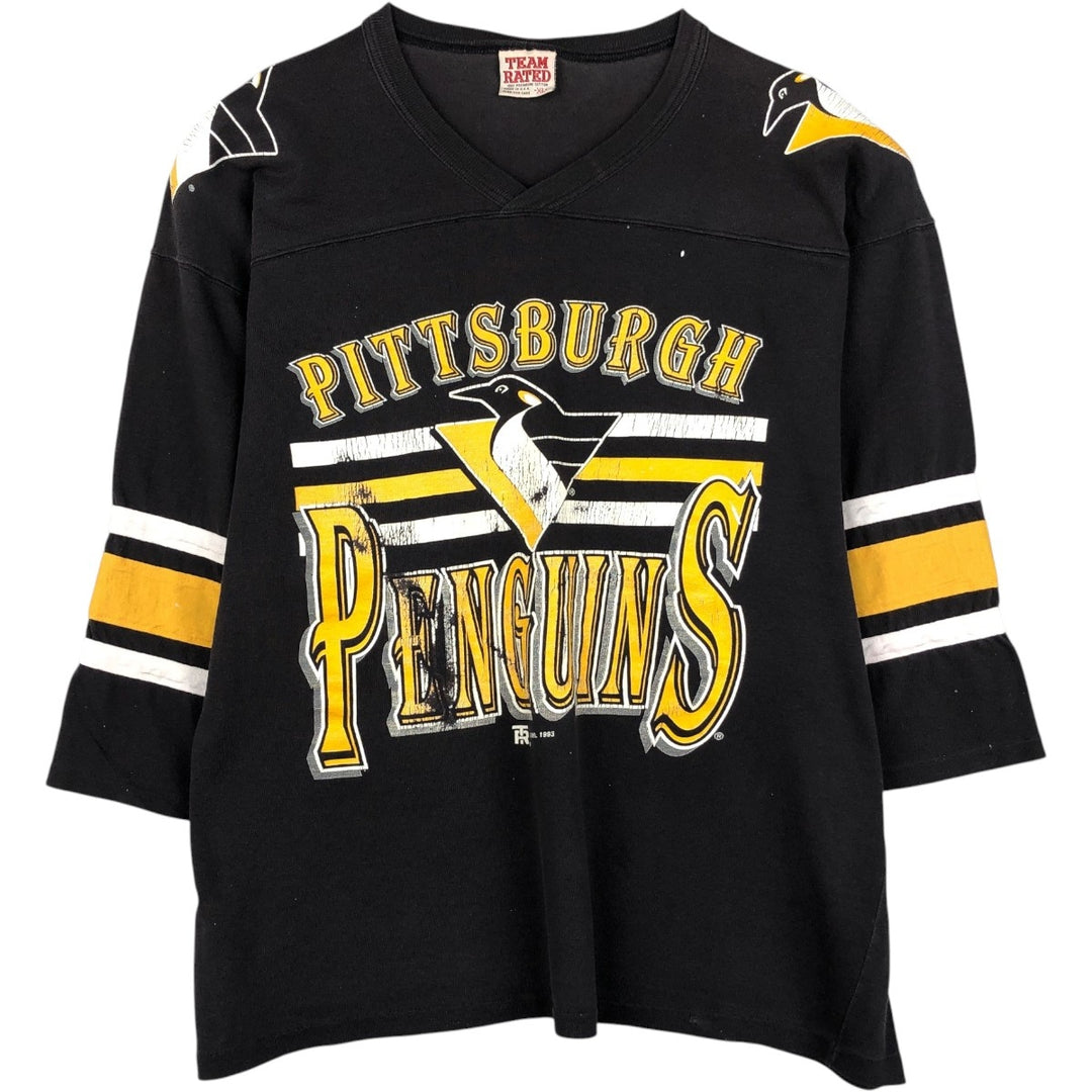 90'S Team Rated NHL Pittsburgh Penguins V-neck football short-sleeve t-shirt, men's size XL (approx.) cotton black type Vintage Second Hand