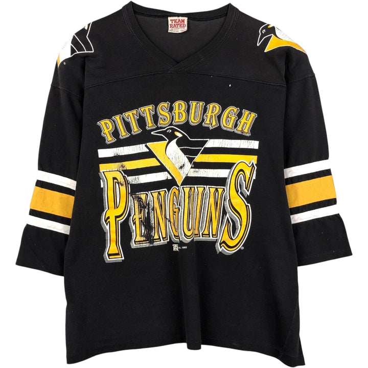 90'S Team Rated NHL Pittsburgh Penguins V-neck football short-sleeve t-shirt, men's size XL (approx.) cotton black type Vintage Second Hand