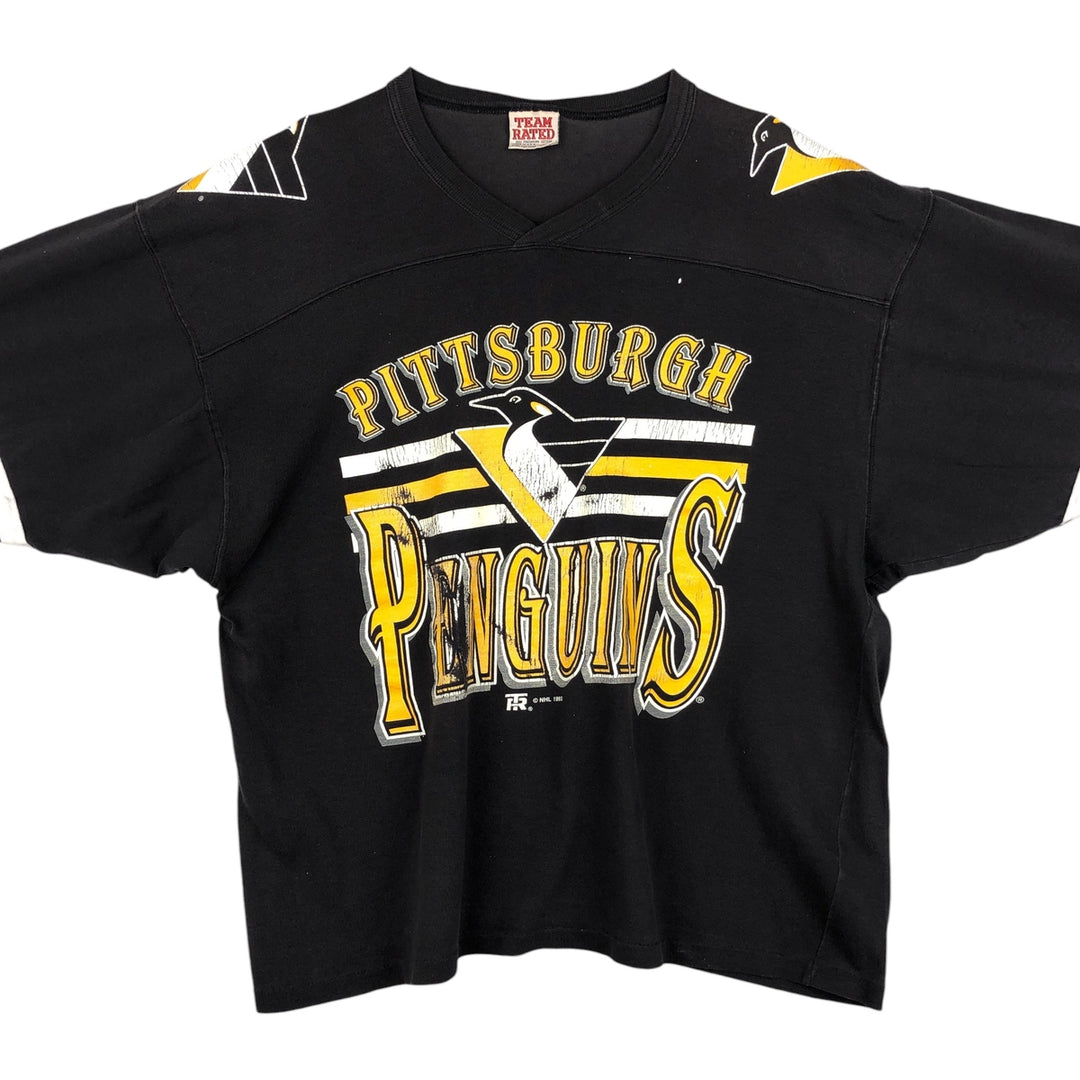 90'S Team Rated NHL Pittsburgh Penguins V-neck football short-sleeve t-shirt, men's size XL (approx.) cotton black type Vintage Second Hand