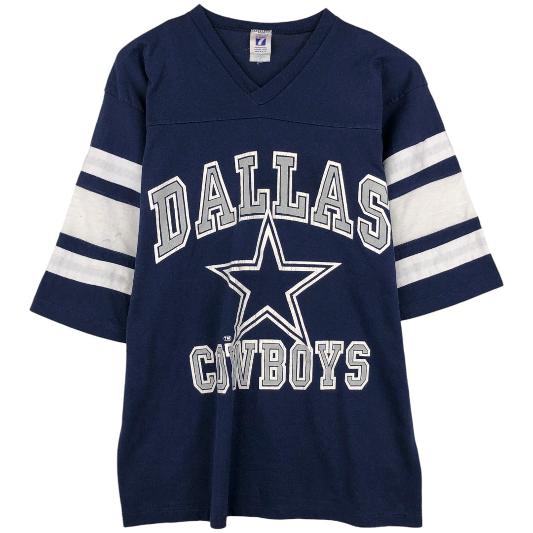 80s-90'S Logo Seven NFL Dallas Cowboys V-neck Football T-shirt, 5/8 sleeve, Made in USA, Men's size L cotton navy blue type Vintage Second Hand